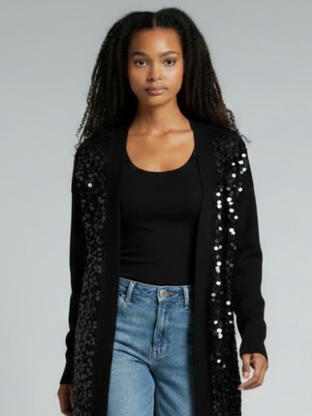 EILEEN FISHER Black Sequin Open Front Wool Cardigan Sweater L Party Designer